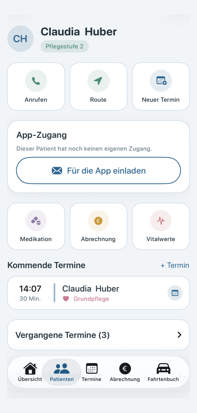Pflegehafen-App: Patientenakte mit Terminen, Medikation, Abrechnung und Vitalwerten