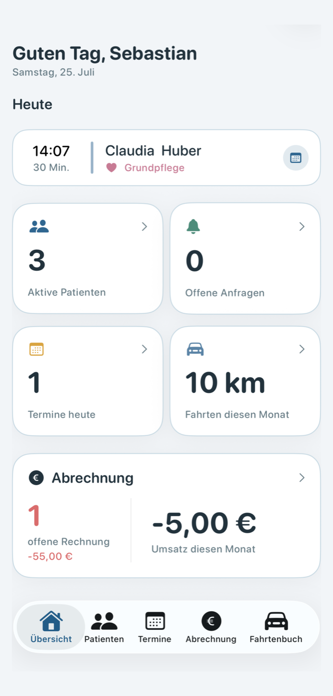 Pflegehafen-App: Übersicht mit Tagesplan, aktiven Patienten, Terminen und Abrechnung