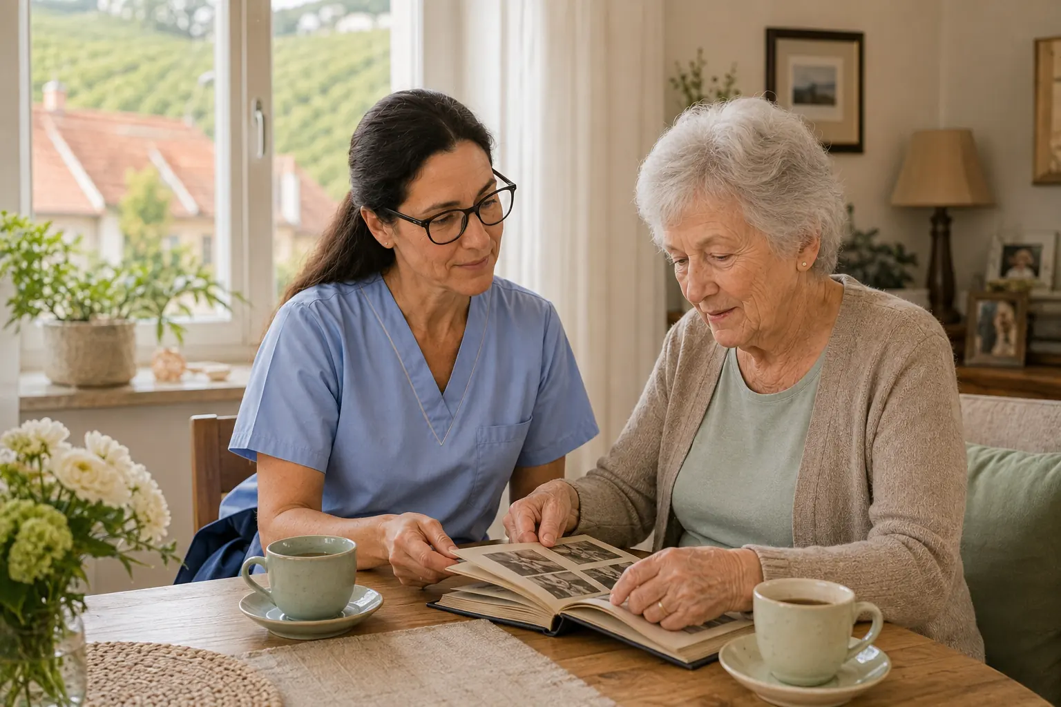 Pflegekraft schaut gemeinsam mit einer Patientin in Perchtoldsdorf ein Fotoalbum an