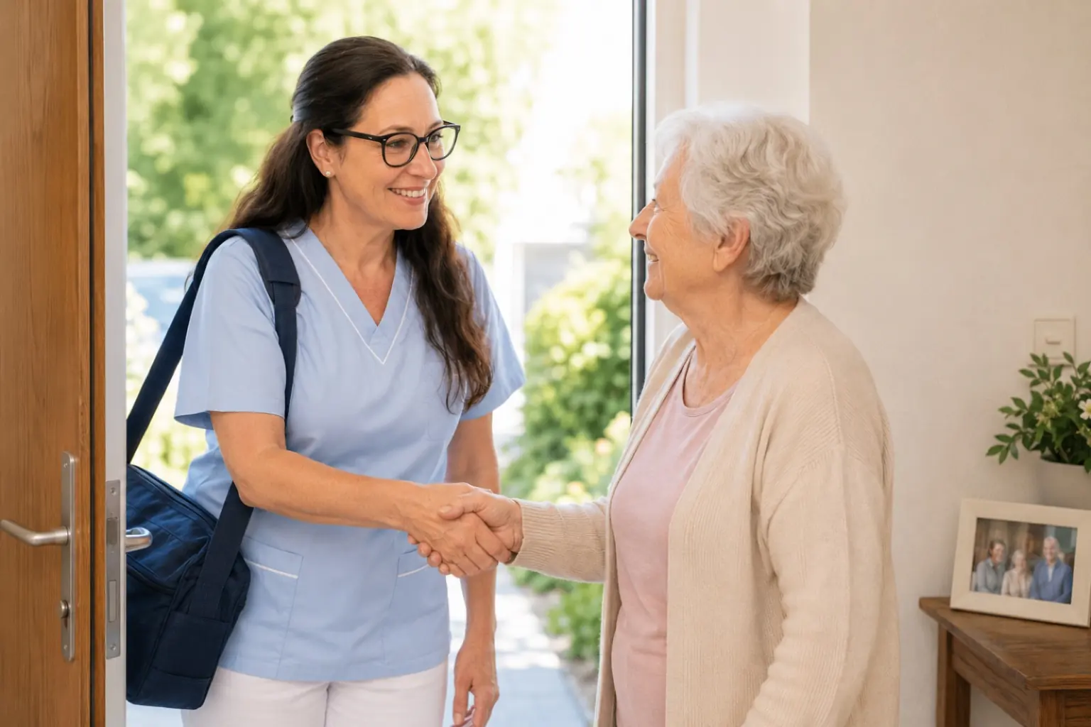 Pflegekraft wird an der Haustür von einer Patientin begrüßt