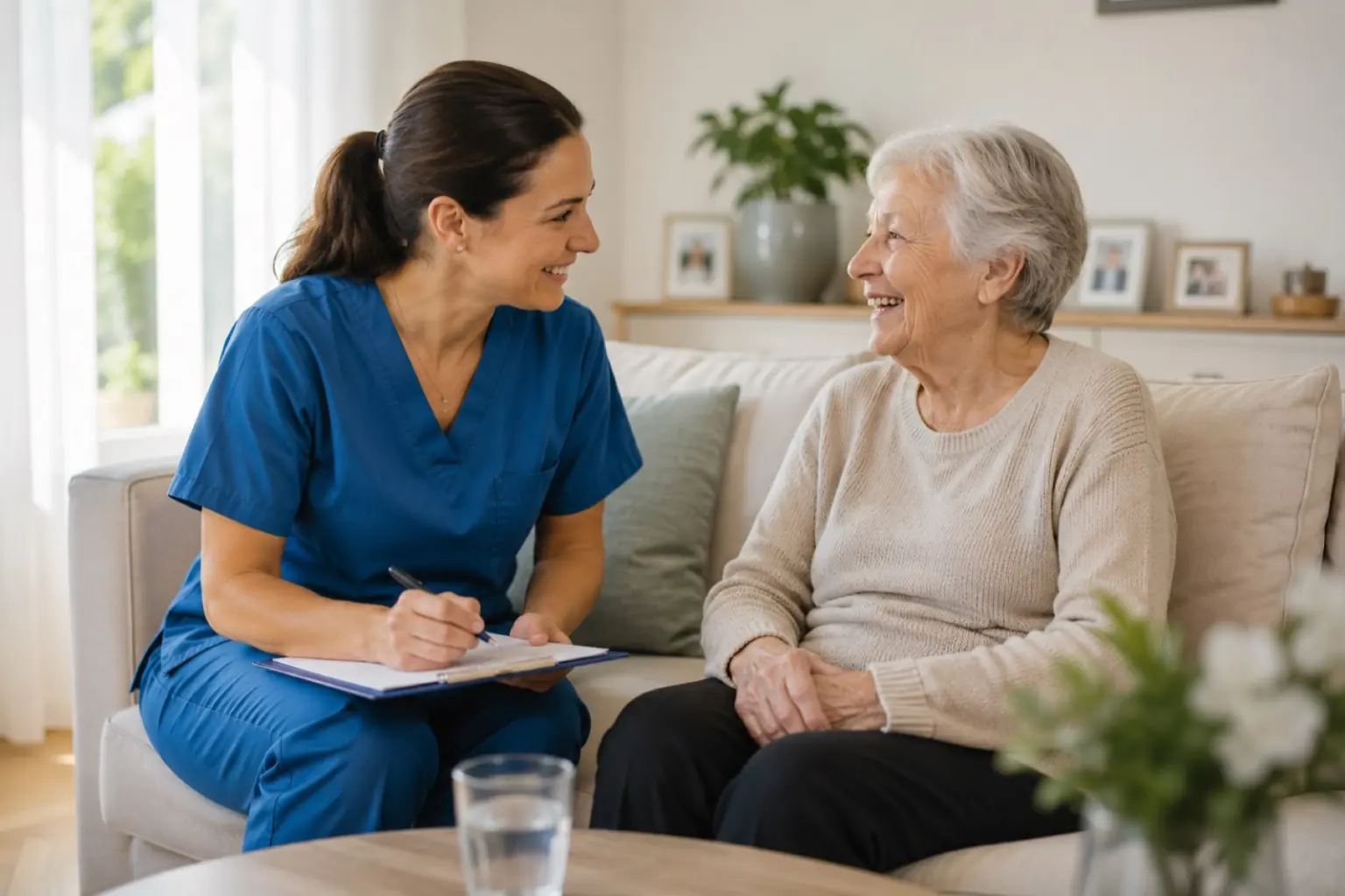 Pflegekraft bespricht mit einer Patientin zu Hause die Kosten und den Umfang der Pflege