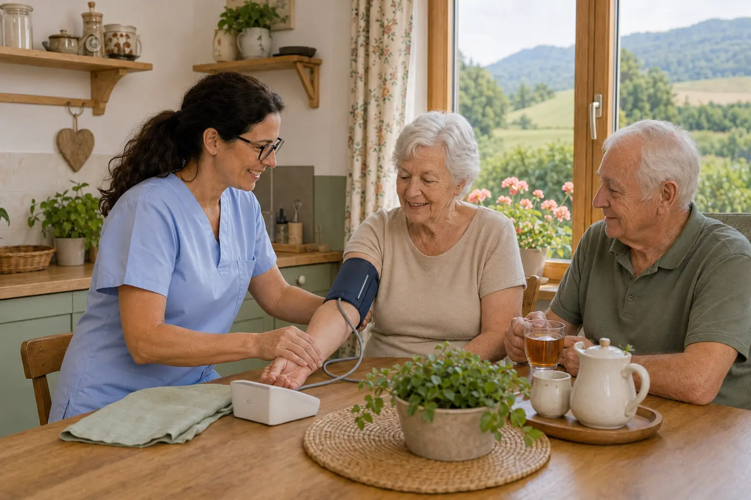 Pflegekraft misst in Gaaden bei einer Seniorin am Esstisch den Blutdruck