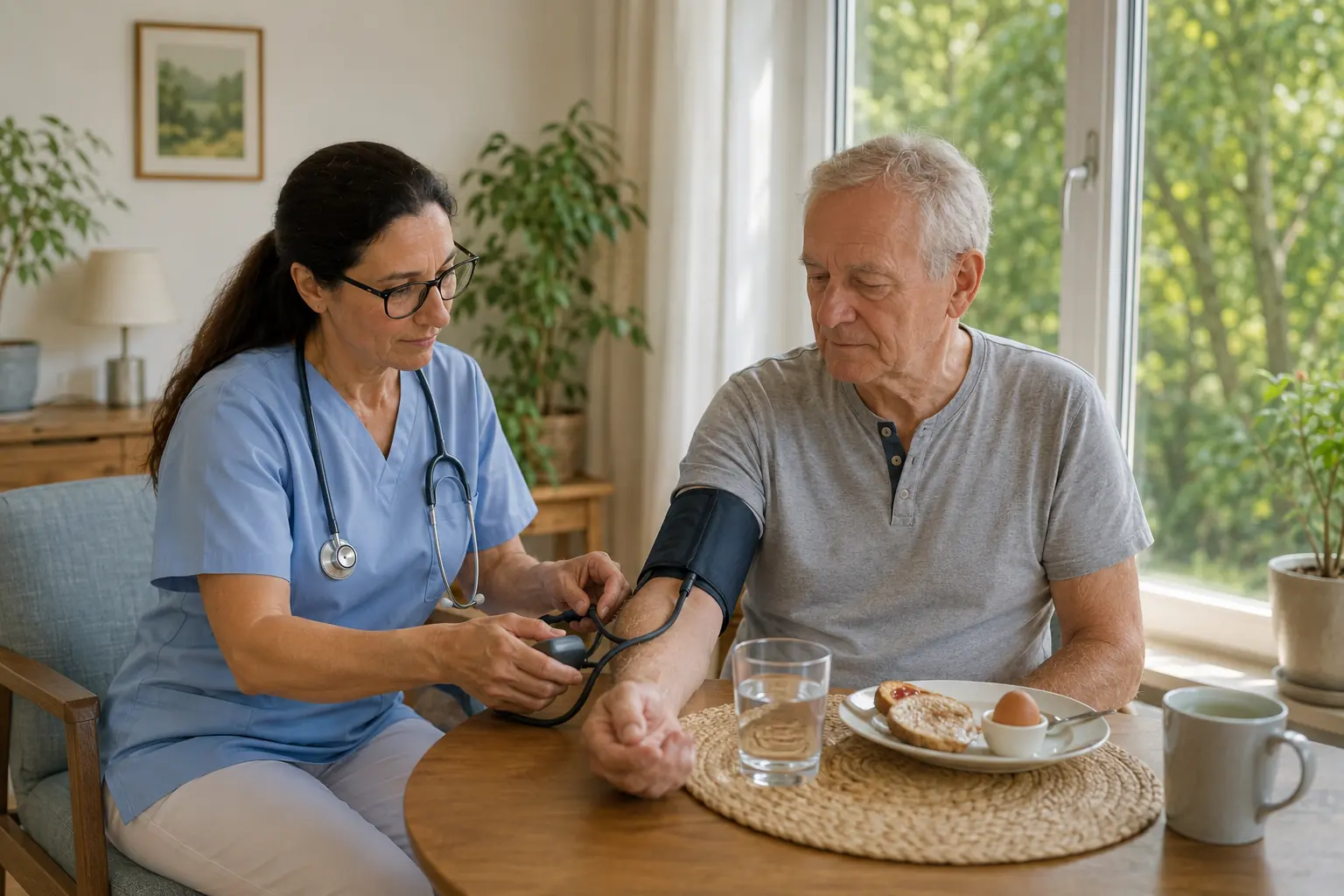 Diplomierte Pflegekraft misst einem Patienten in Laxenburg beim Hausbesuch den Blutdruck