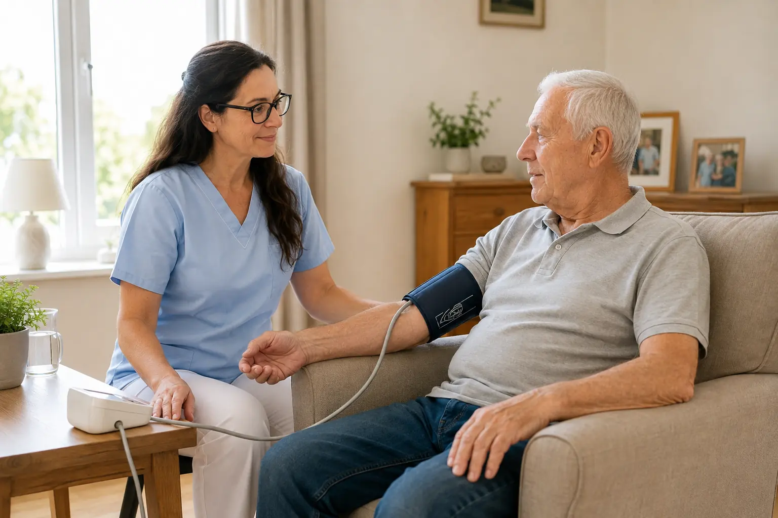 Pflegekraft misst einem älteren Patienten im Wohnzimmer den Blutdruck