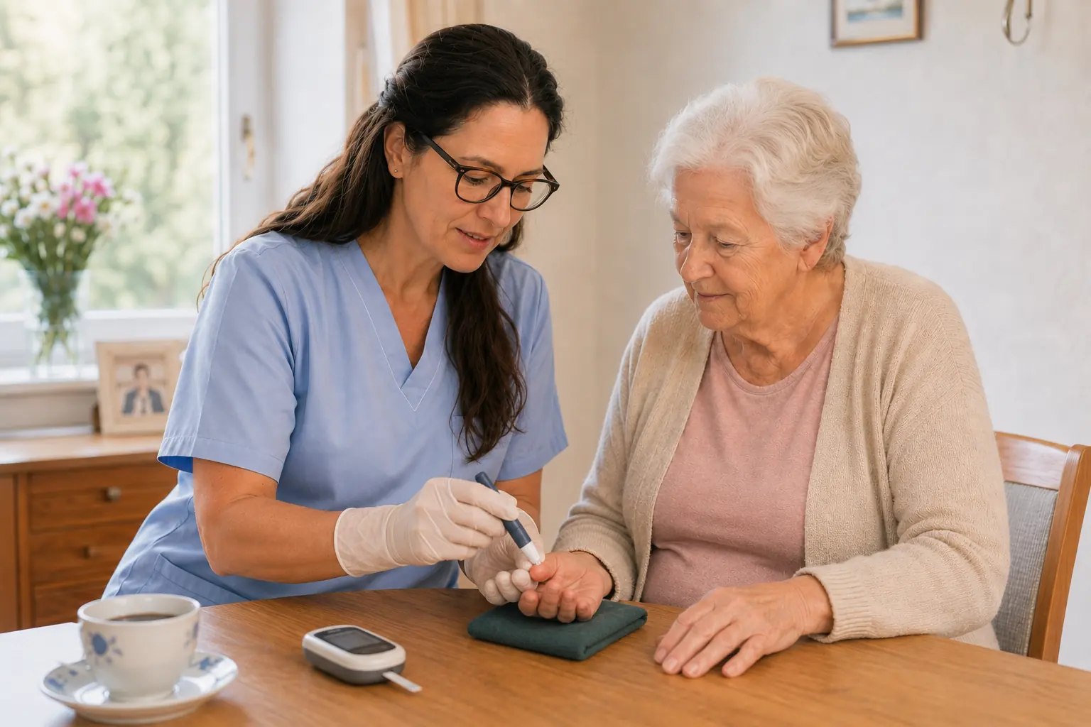 Diplomierte Pflegekraft misst einer Patientin am Wohnzimmertisch den Blutzucker