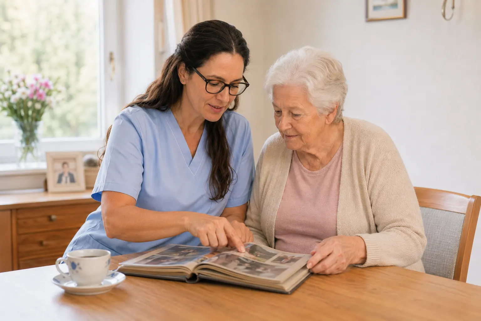 Pflegekraft schaut gemeinsam mit einer Patientin ein Fotoalbum an