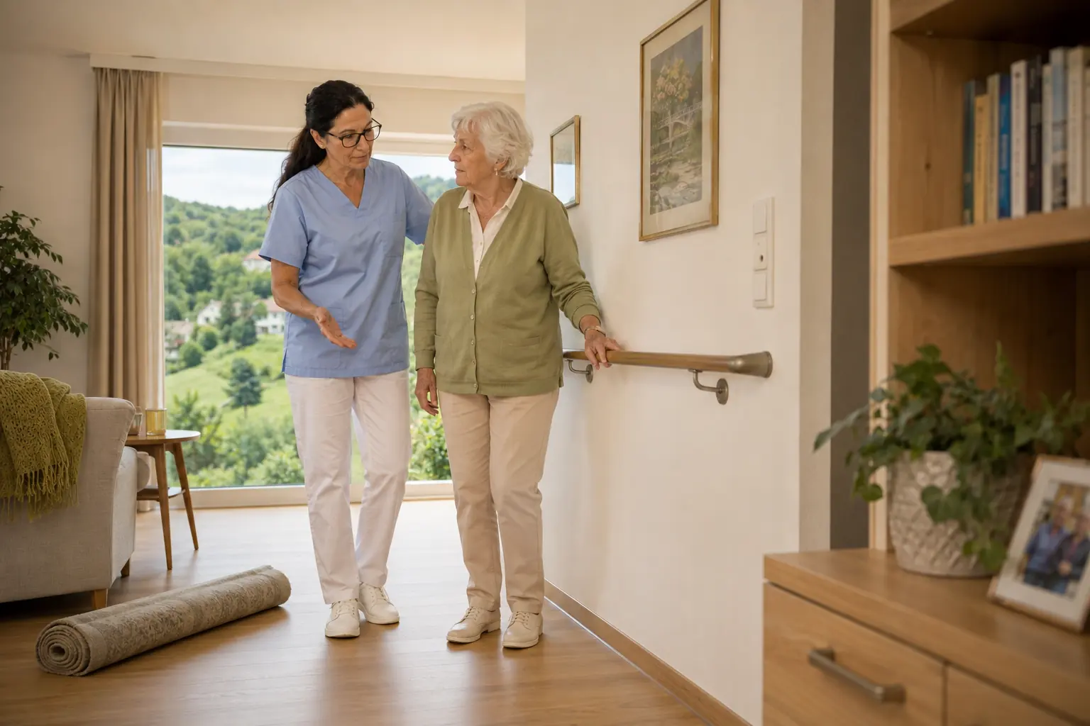 Pflegekraft übt in Gießhübl mit einer Seniorin das Gehen im Wohnzimmer