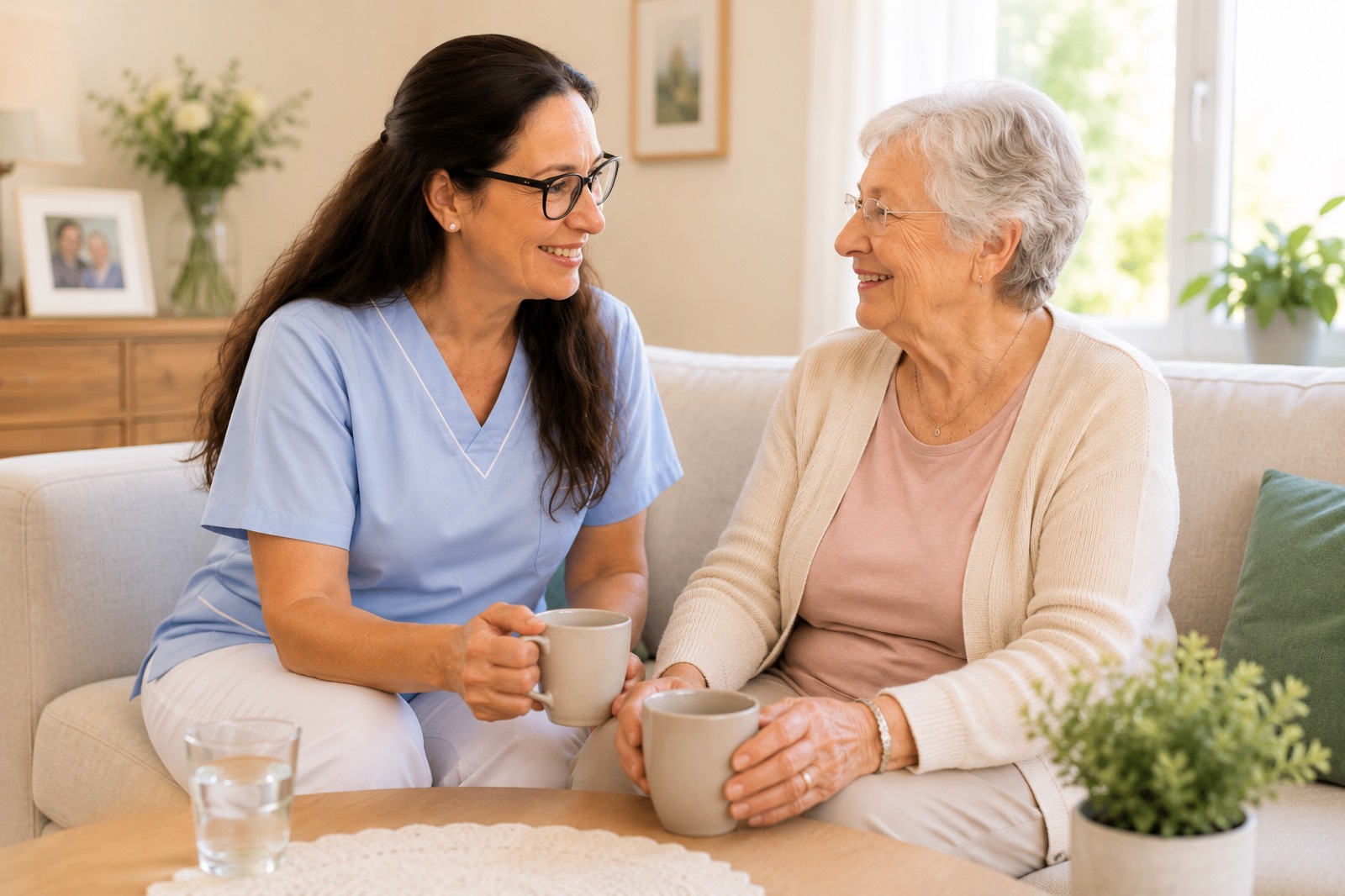 Pflegekraft im Gespräch mit einer Patientin zu Hause in Biedermannsdorf
