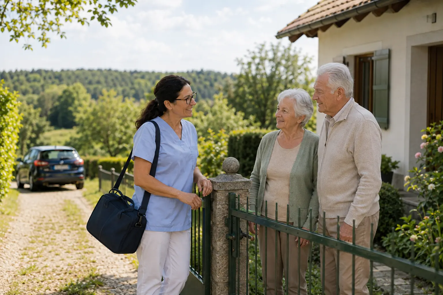 Mobile Pflegekraft kommt mit dem Auto zum Hausbesuch bei einem älteren Ehepaar in Niederösterreich