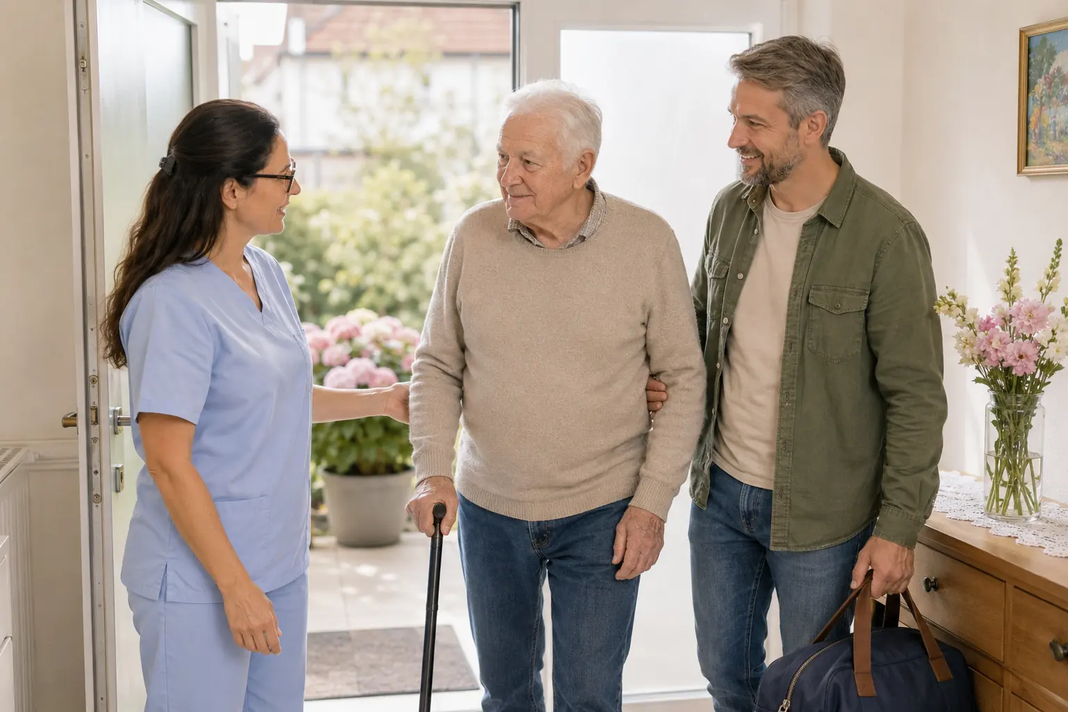 Pflegekraft empfängt einen älteren Patienten und seinen Sohn an der Haustür