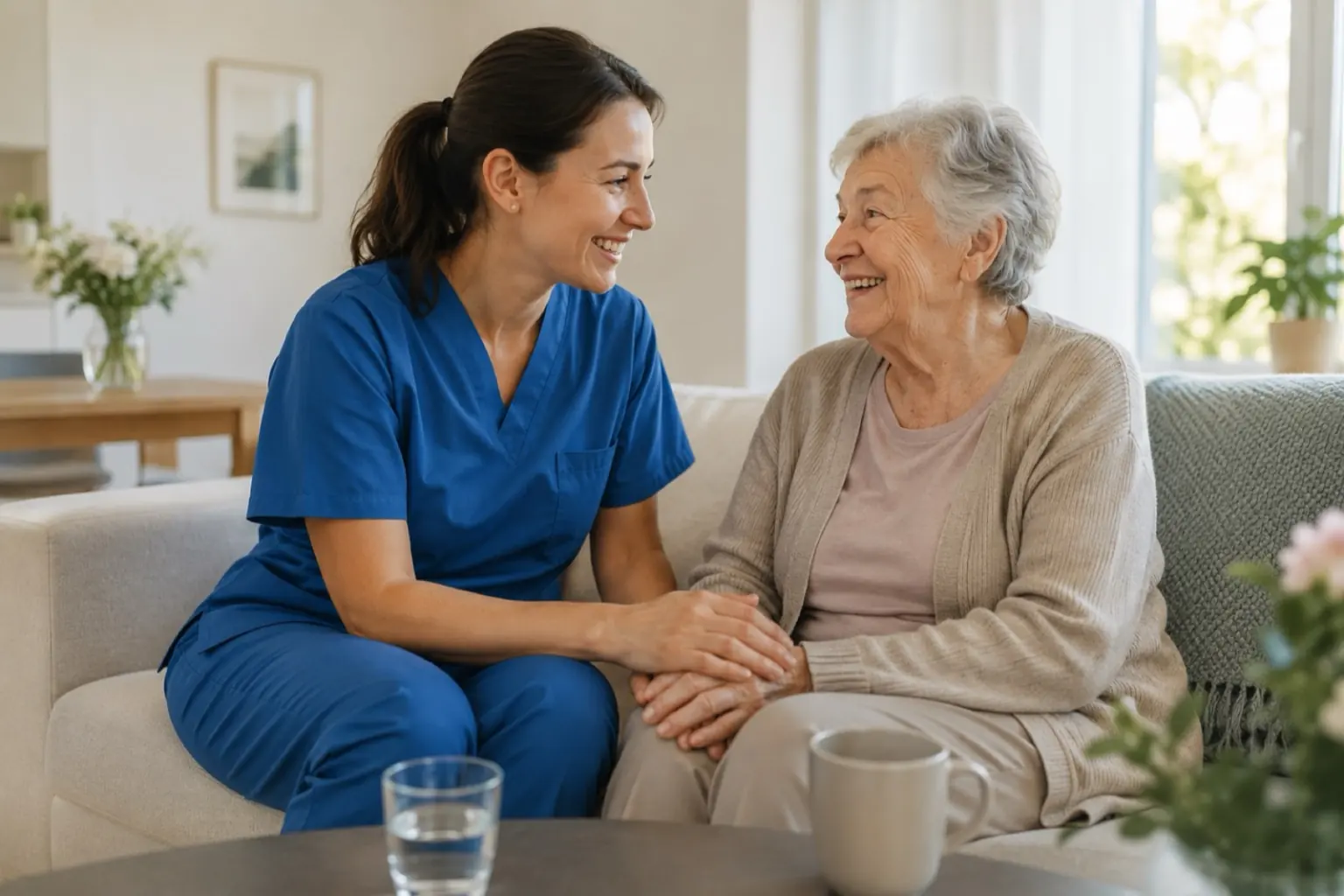 Pflegekraft und Patientin sitzen im Wohnzimmer beisammen und halten die Hände