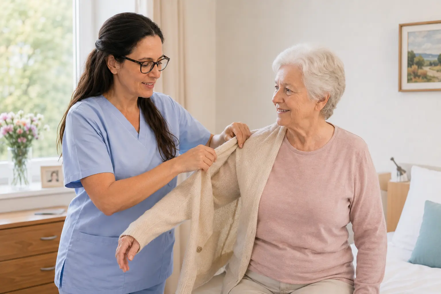 Pflegekraft hilft einer Patientin am Bettrand beim Anziehen der Strickjacke