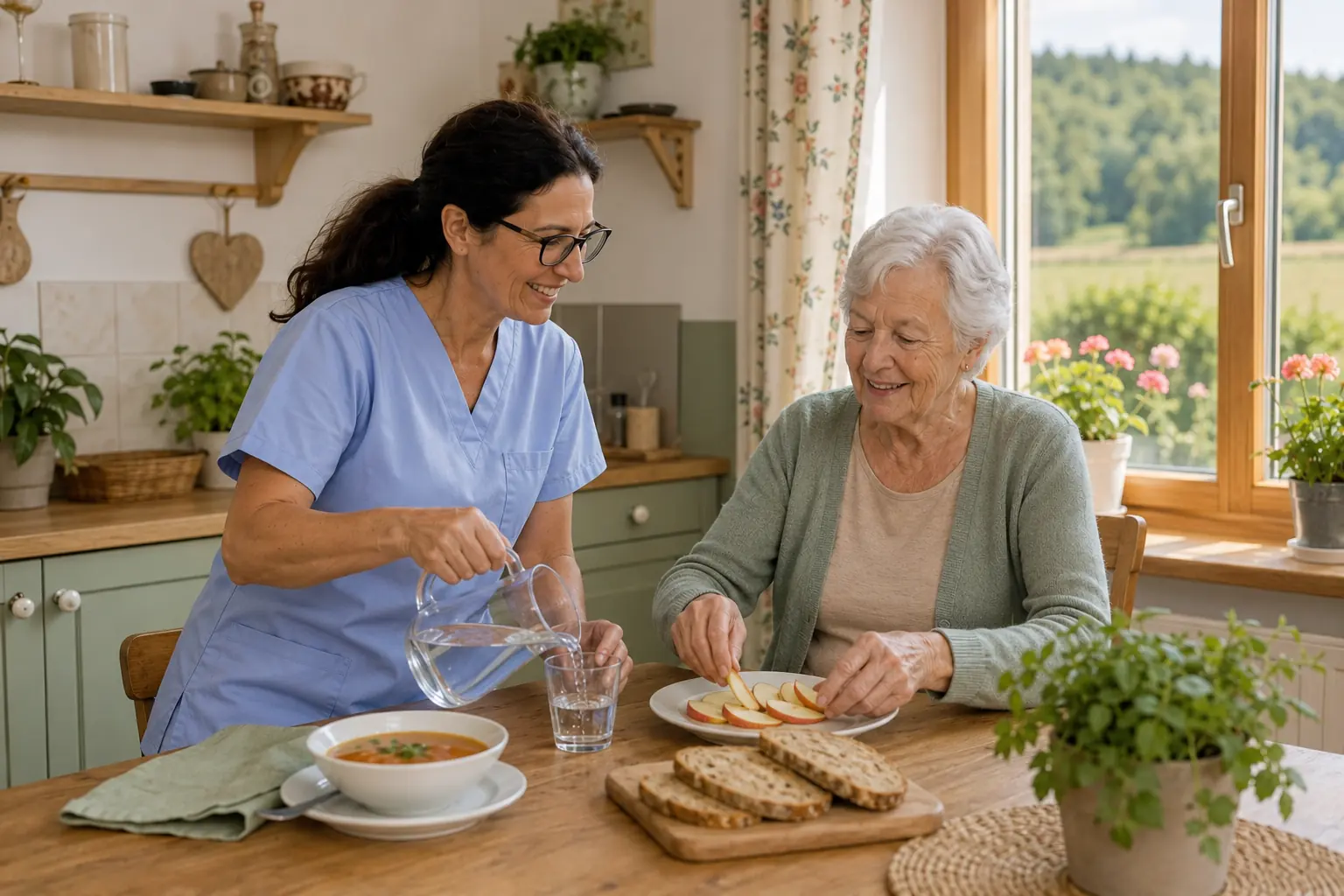 Pflegekraft reicht einer Seniorin in Laab im Walde am Küchentisch eine warme Mahlzeit