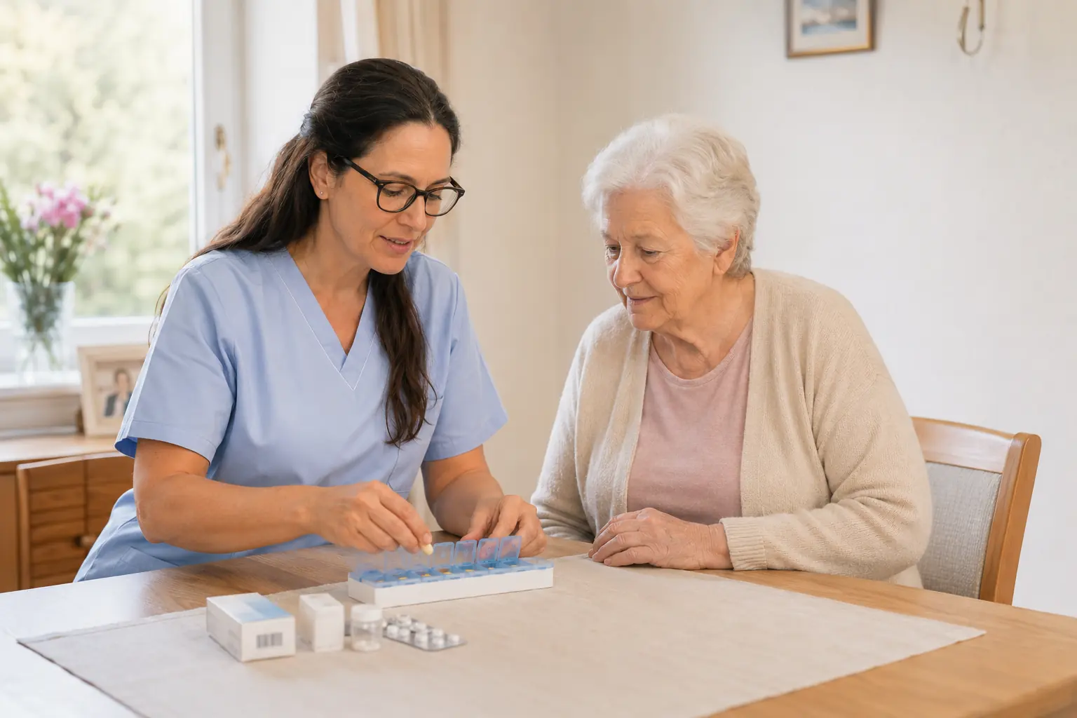 Pflegekraft richtet gemeinsam mit einer Patientin die Medikamente für die Woche in einer Dosette
