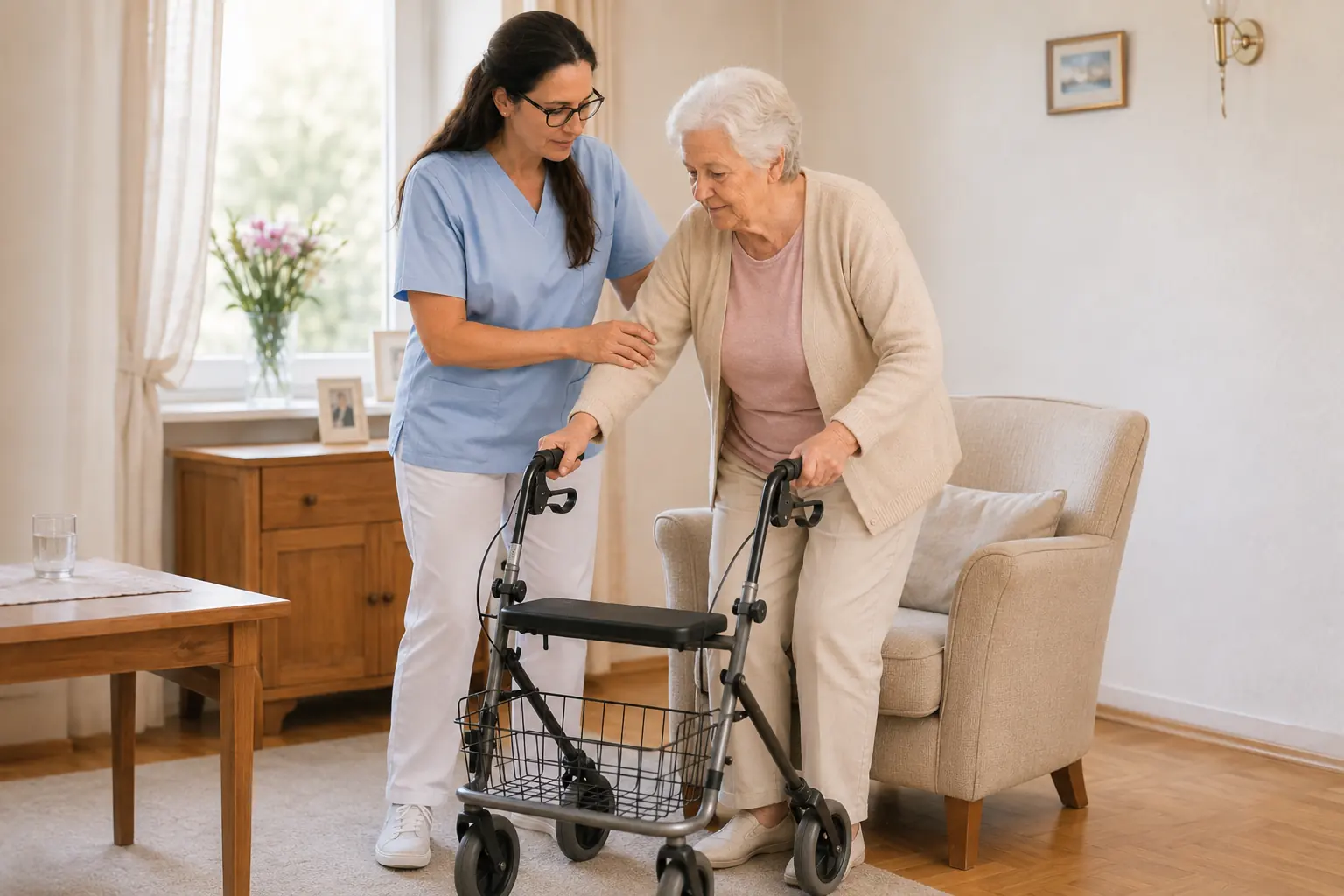 Pflegekraft unterstützt eine Patientin beim Gehen mit dem Rollator in ihrer Wohnung