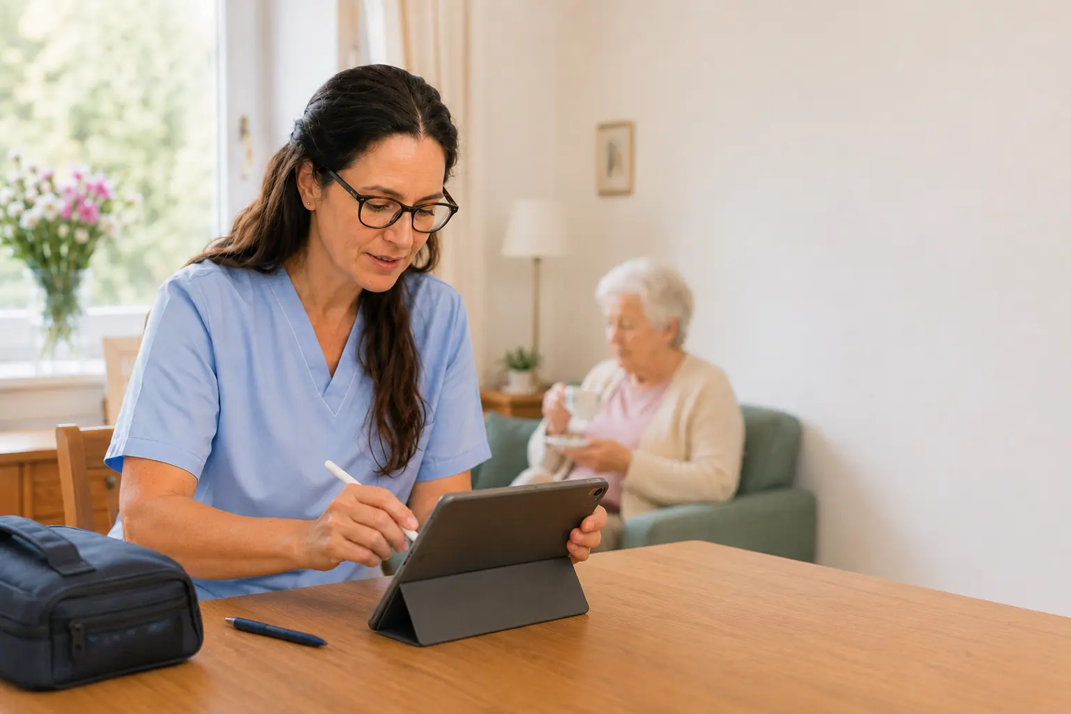 Mobile Pflegekraft dokumentiert einen Hausbesuch am Tablet, im Hintergrund die Patientin