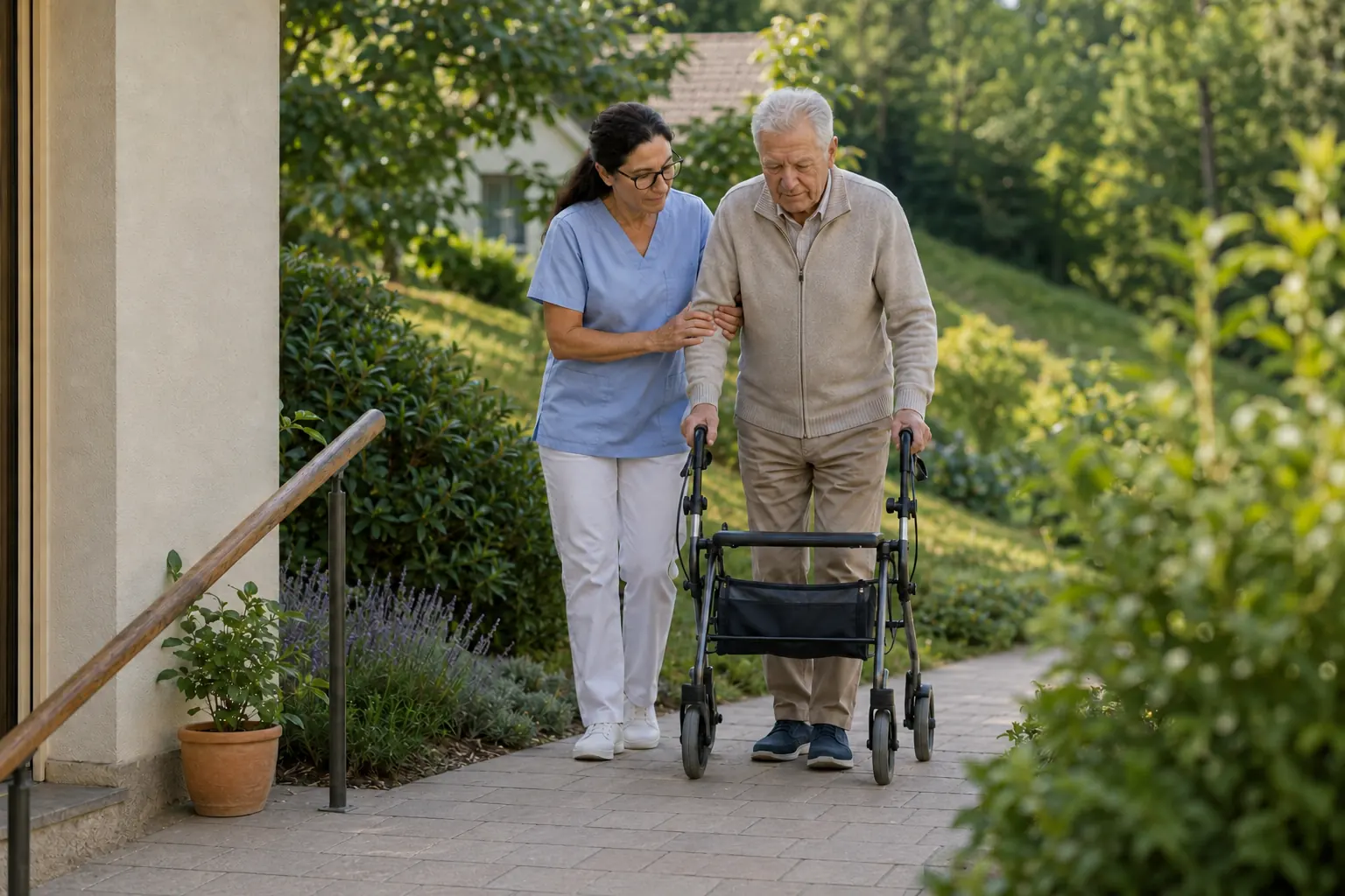 Pflegekraft begleitet einen Patienten in der Hinterbrühl beim Gehen mit dem Rollator vor dem Haus