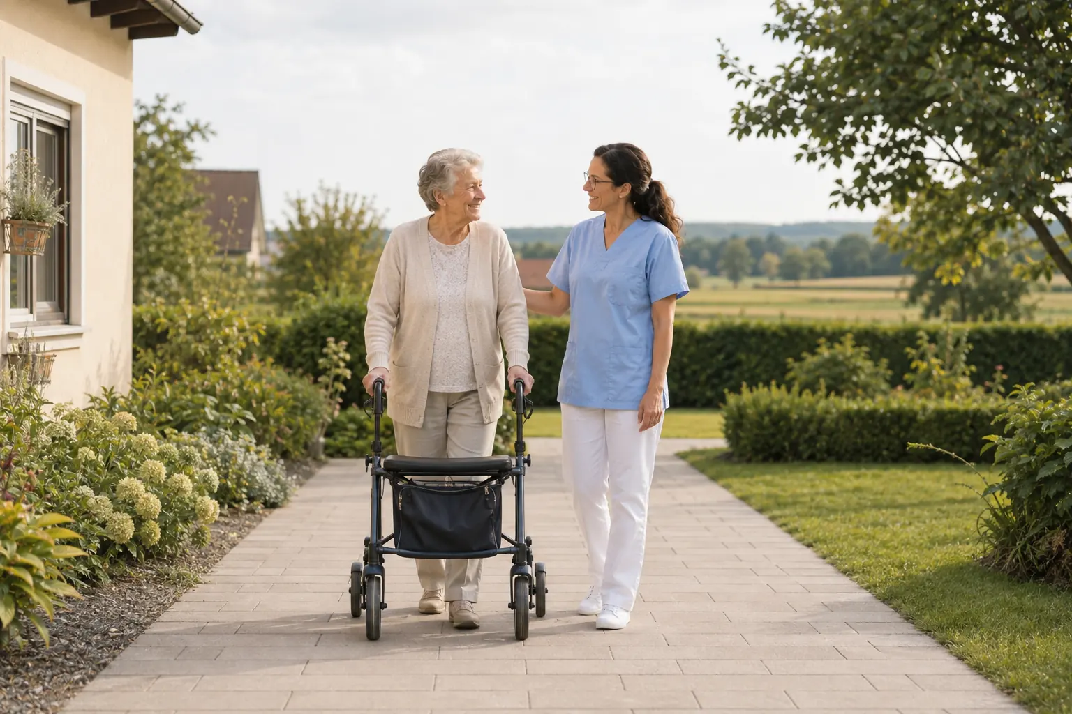 Pflegekraft begleitet in Münchendorf einen Patienten beim Gehen auf einem Weg vor dem Haus