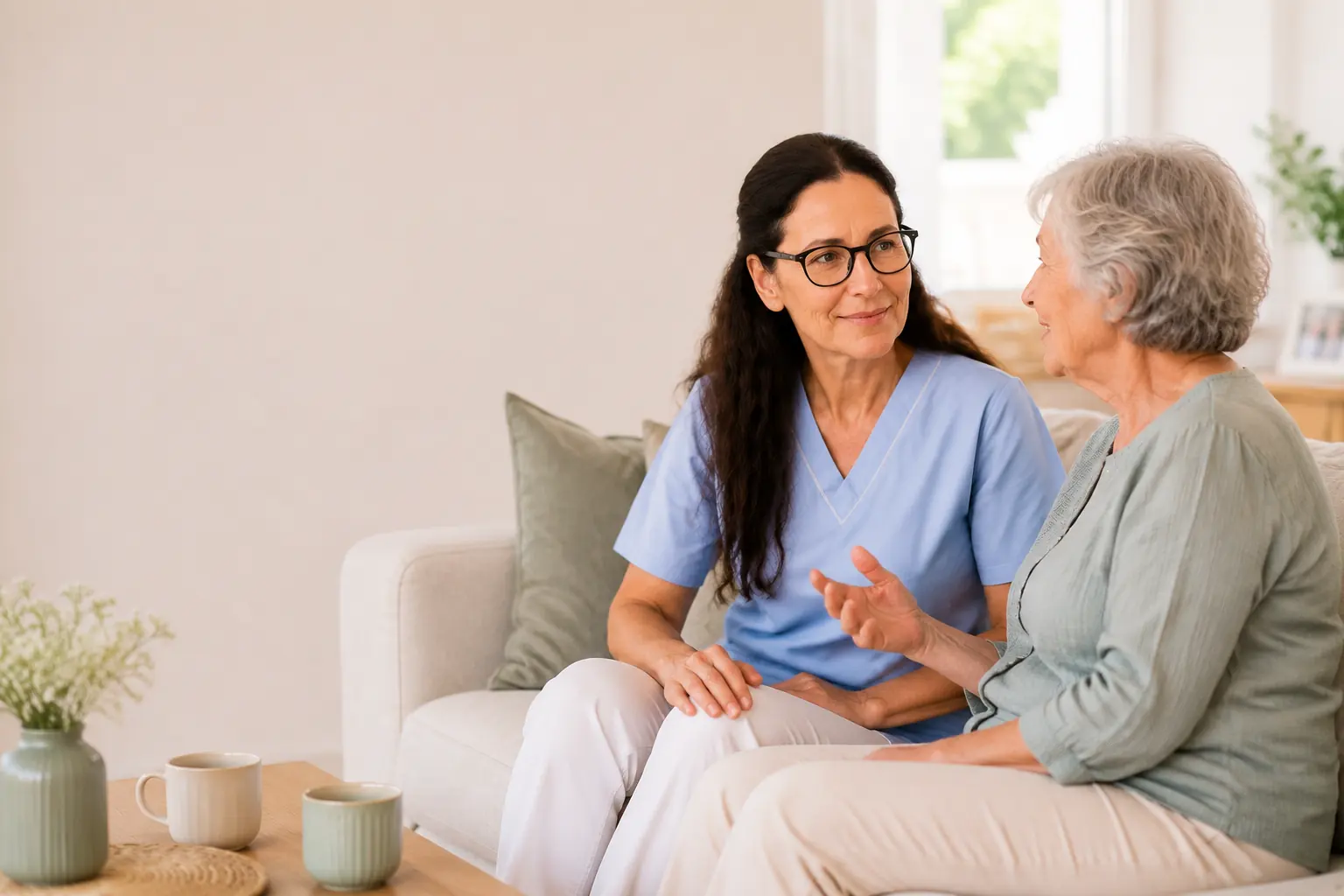 Diplomierte Pflegekraft im Gespräch mit einer Patientin auf dem Sofa ihrer Wohnung im Bezirk Mödling
