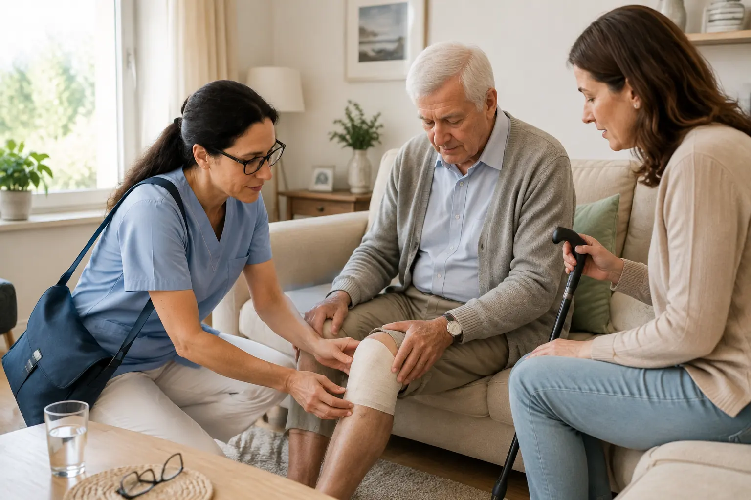 Pflegekraft kontrolliert bei einem Patienten in Brunn am Gebirge den Verband am Knie, die Angehörige sitzt daneben