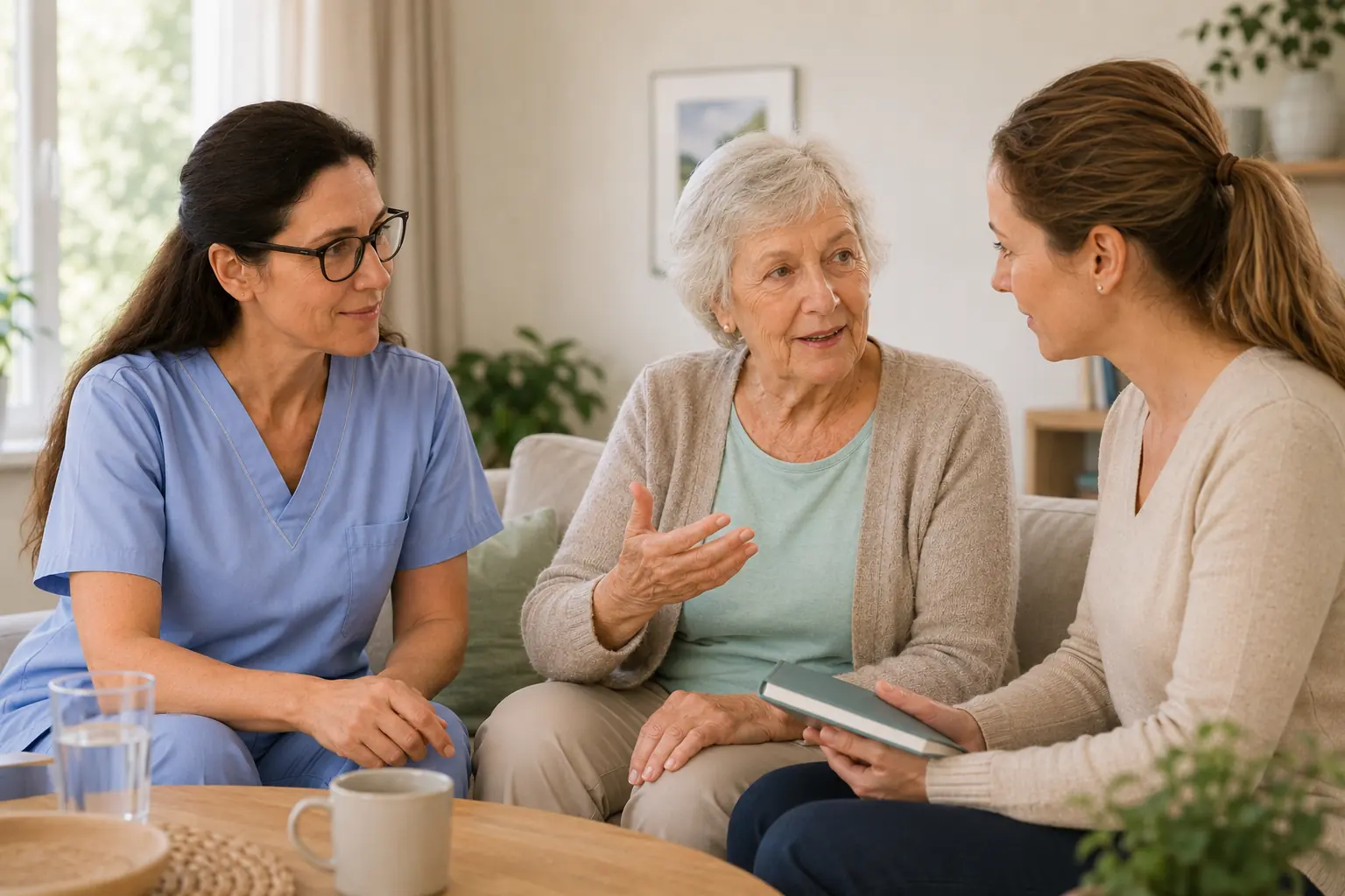 Pflegekraft bespricht mit einer Seniorin und ihrer Tochter im Wohnzimmer, welche Betreuungsform passt