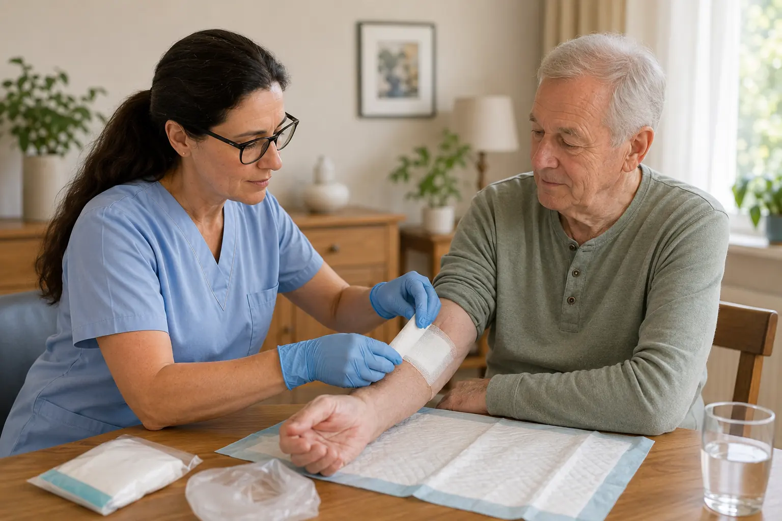 Pflegekraft wechselt bei einem Patienten in Guntramsdorf zu Hause den Verband am Unterarm