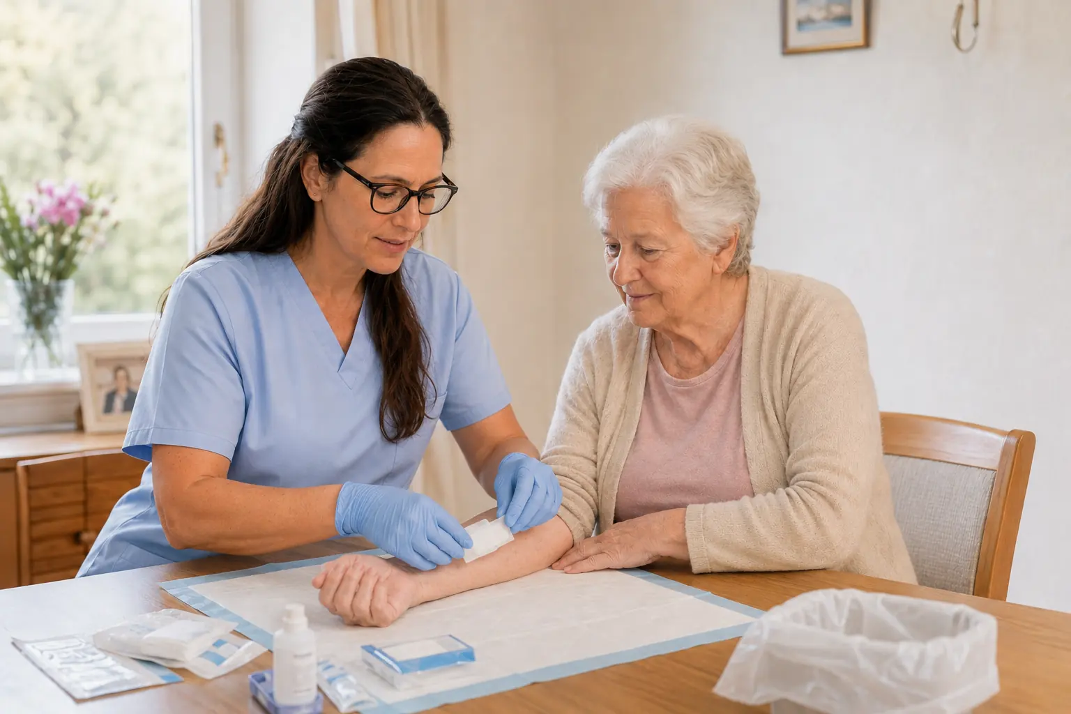 Diplomierte Pflegekraft versorgt zu Hause mit Handschuhen die Wunde am Unterarm einer Patientin